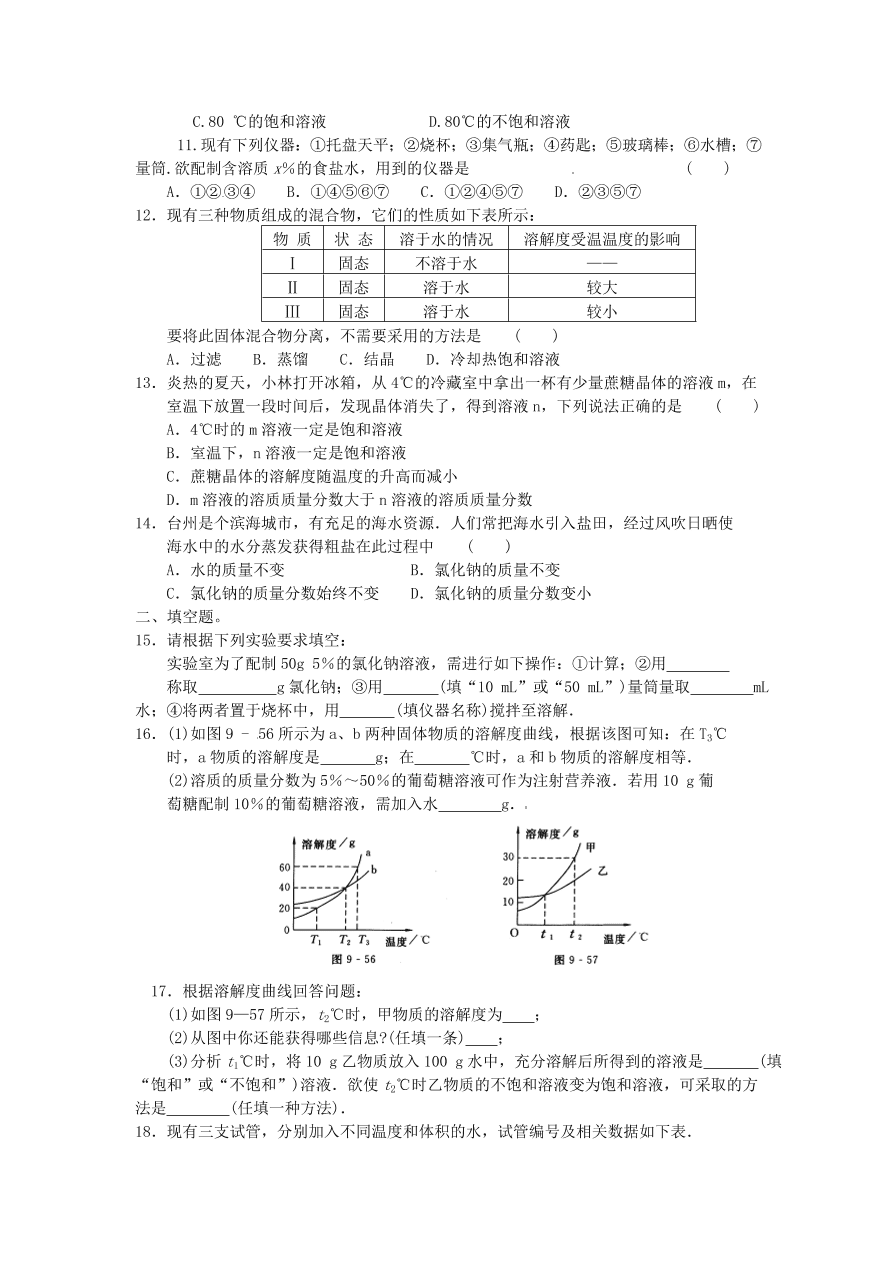 九年级化学单元综合测试 第9单元 ——溶液