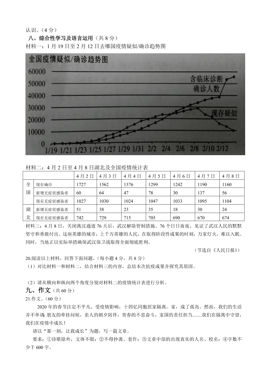 广元市2020年初中语文水平考试暨高中阶段学校招生考试(含答案)