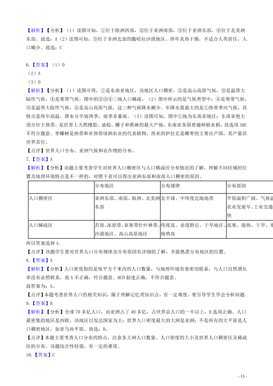 中考地理知识点全突破 专题10世界人口的分布含解析