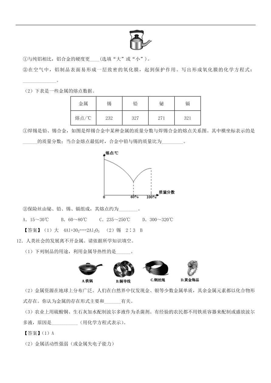 中考化学重要考点复习  金属材料练习卷