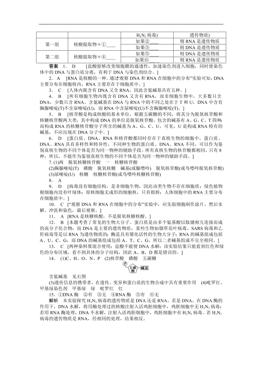 人教版高一生物上册必修1《2.3遗传信息的携带者——核酸》同步练习及答案