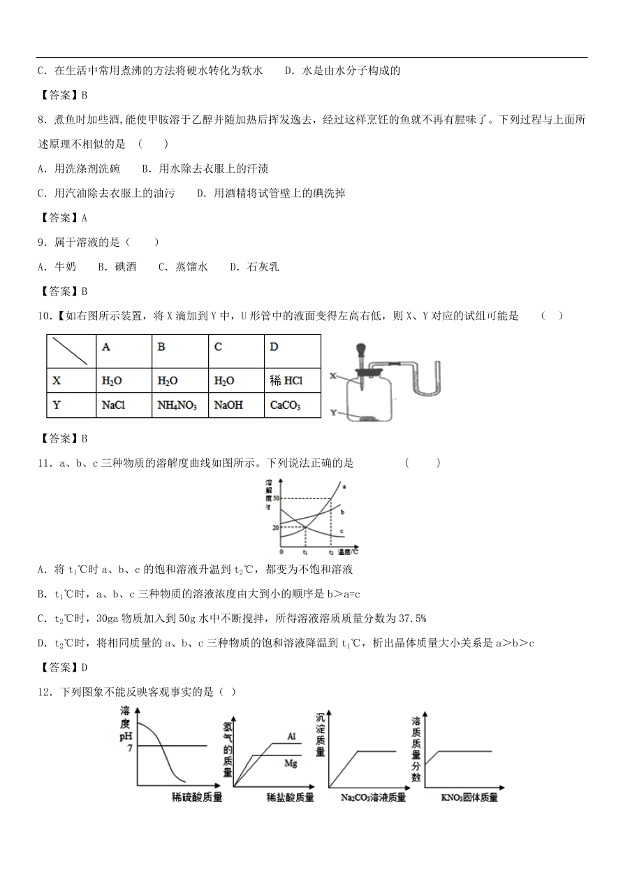中考化学专题复习模拟练习   水与常见溶液练习卷