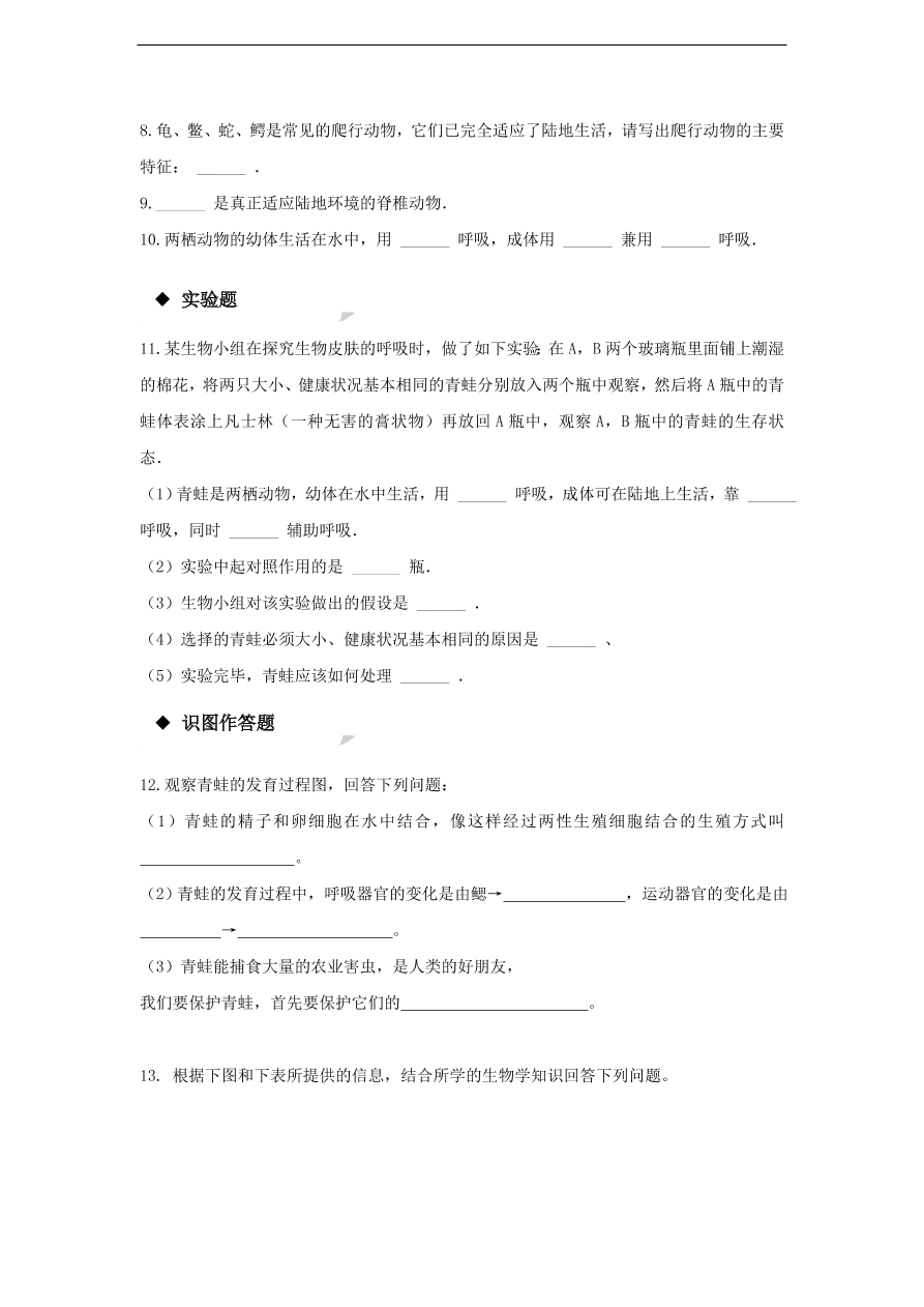 人教版八年级生物上册《两栖动物和爬行动物》同步练习及答案