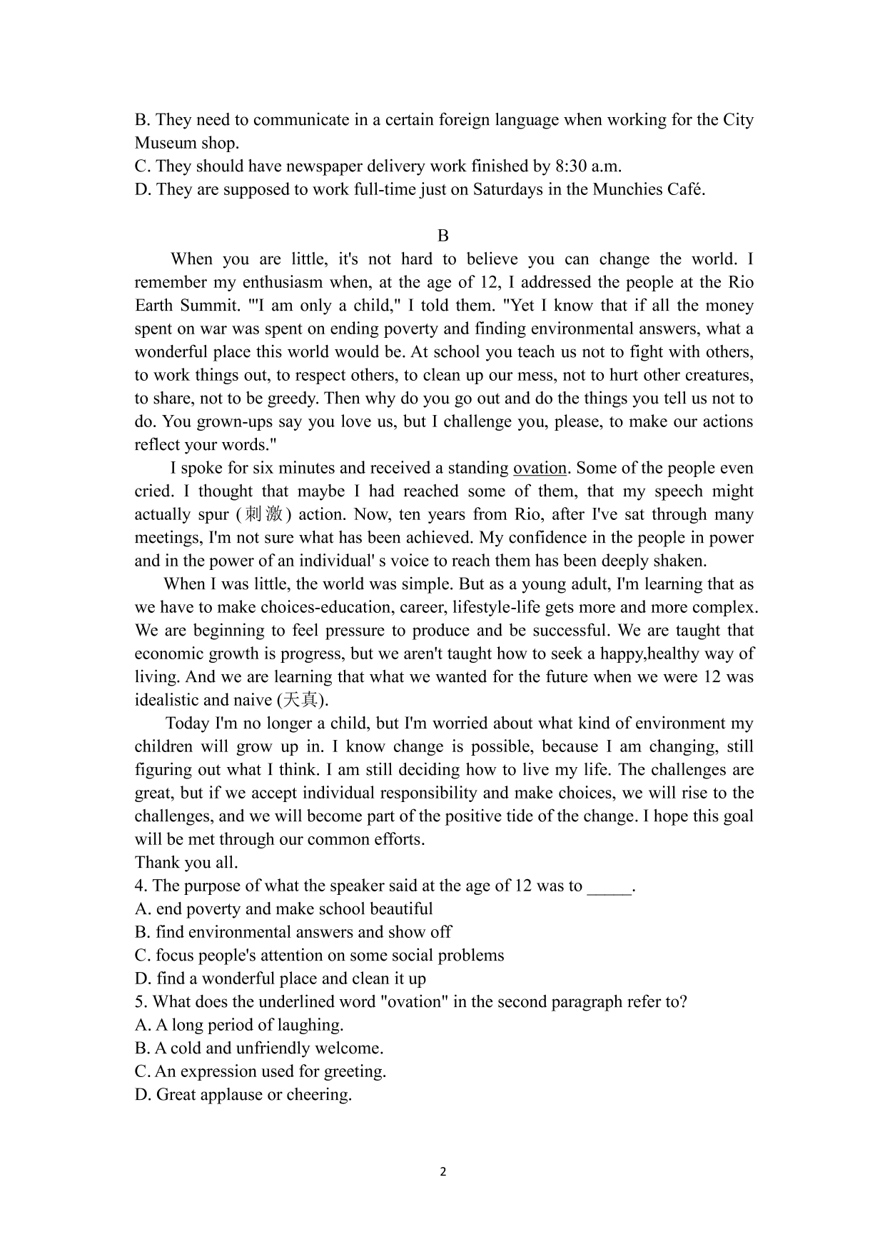 内蒙古乌拉特前旗第一中学2019-2020高二第一学期第三次月考英语试题及参考答案（PDF版）