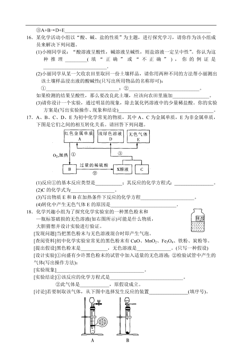 九年级化学专题复习   常见的酸和碱 练习