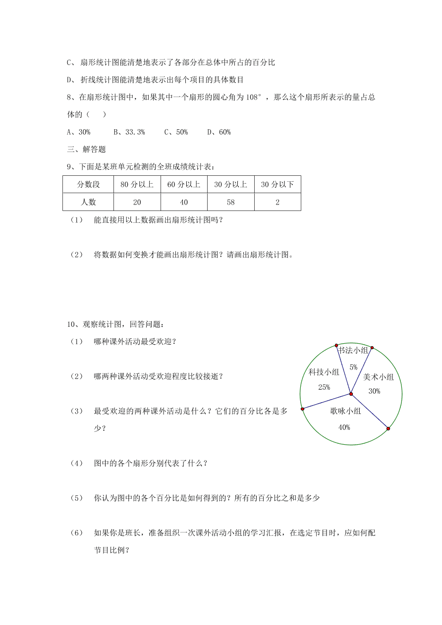 浙教版七年级数学上册同步练习6.4 扇形统计图及答案