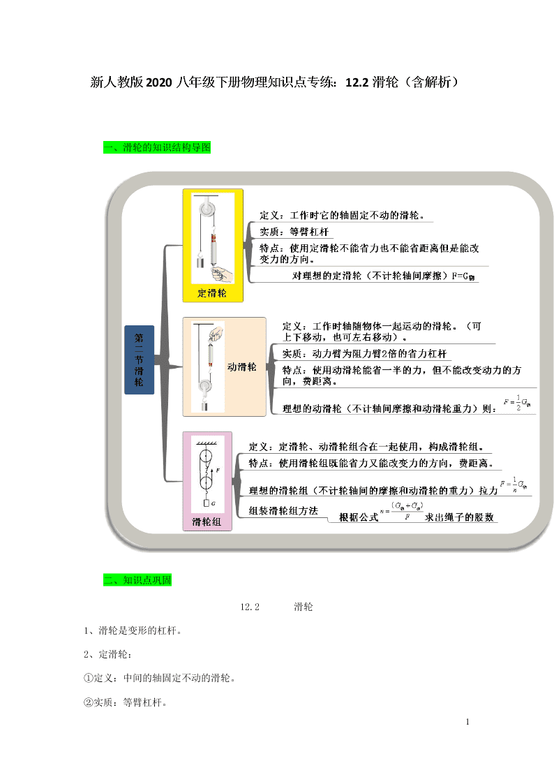 新人教版2020八年级下册物理知识点专练：12.2滑轮（含解析）