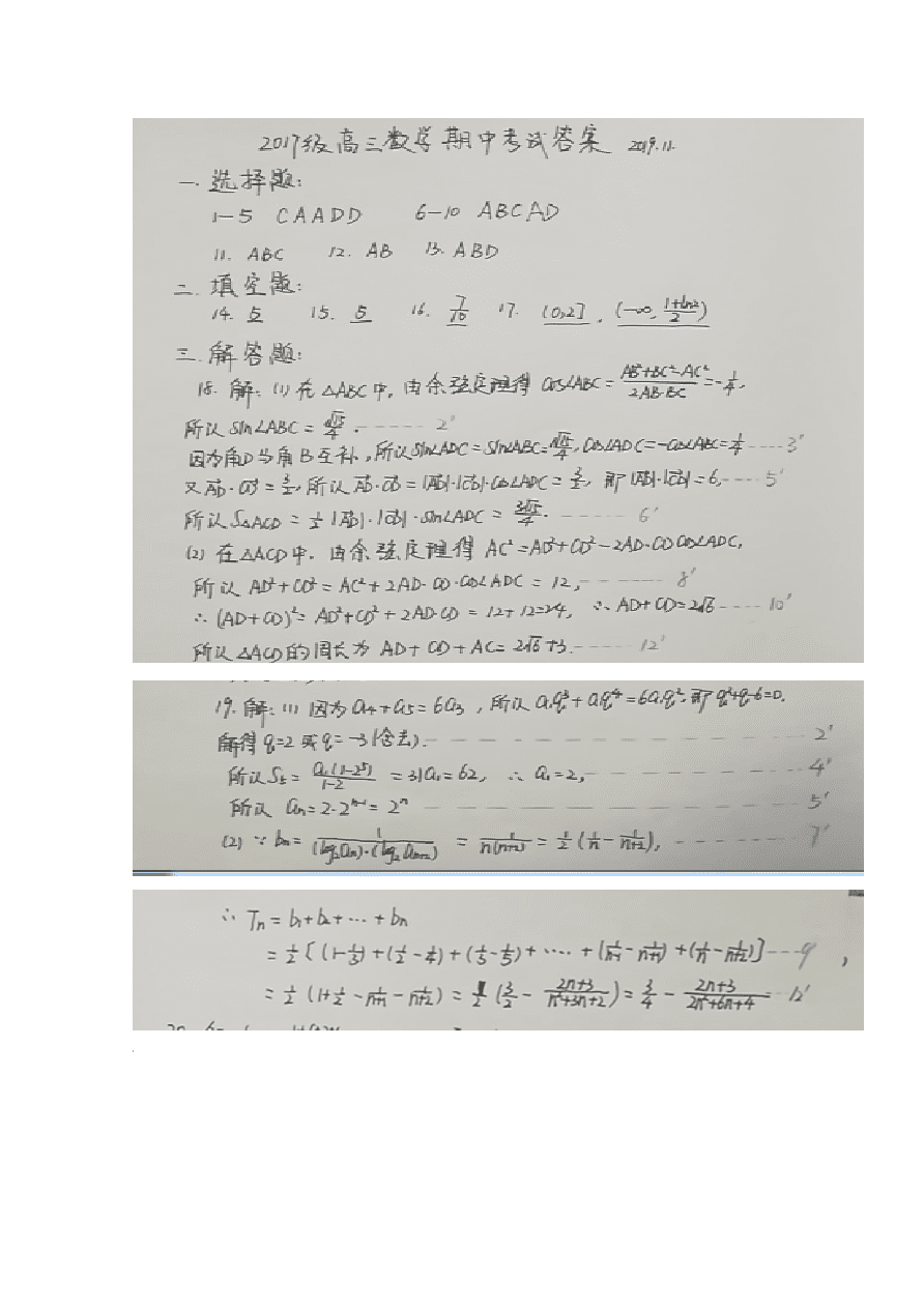 山东省聊城第一中学2020届高三数学上学期期中试题（Word版附答案）