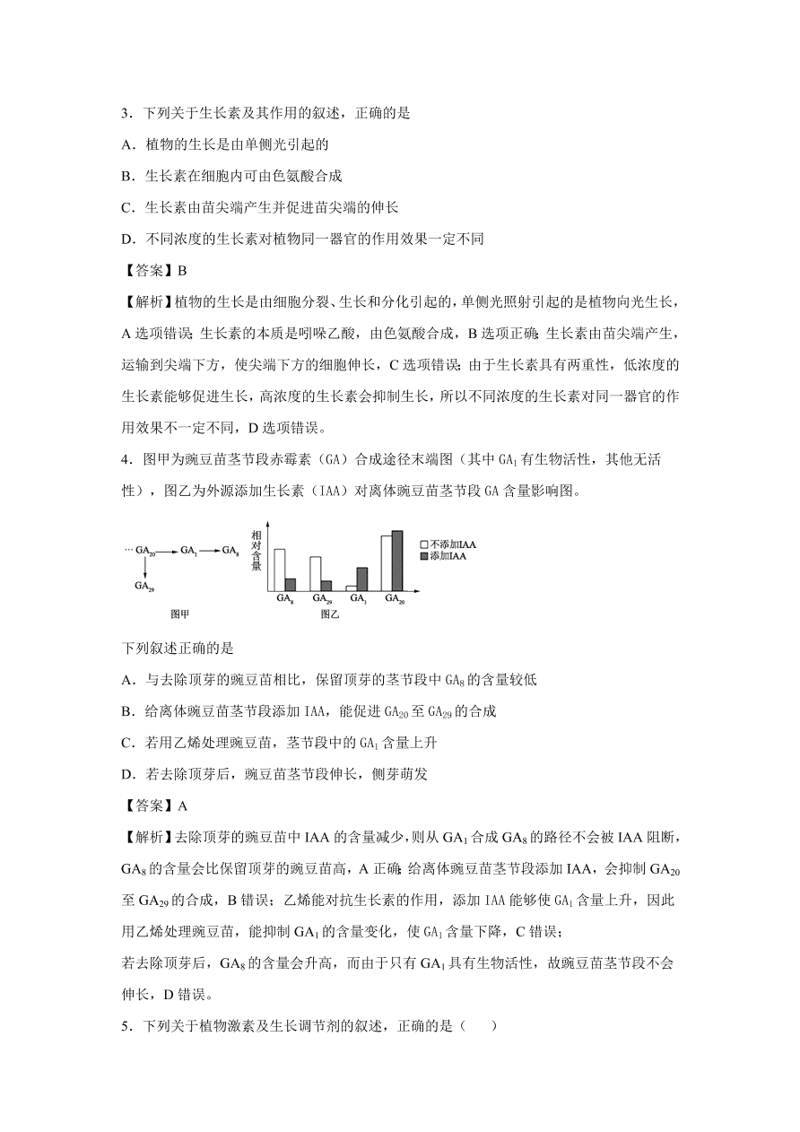 2020-2021学年高考生物精选考点突破专题13 植物的激素调节