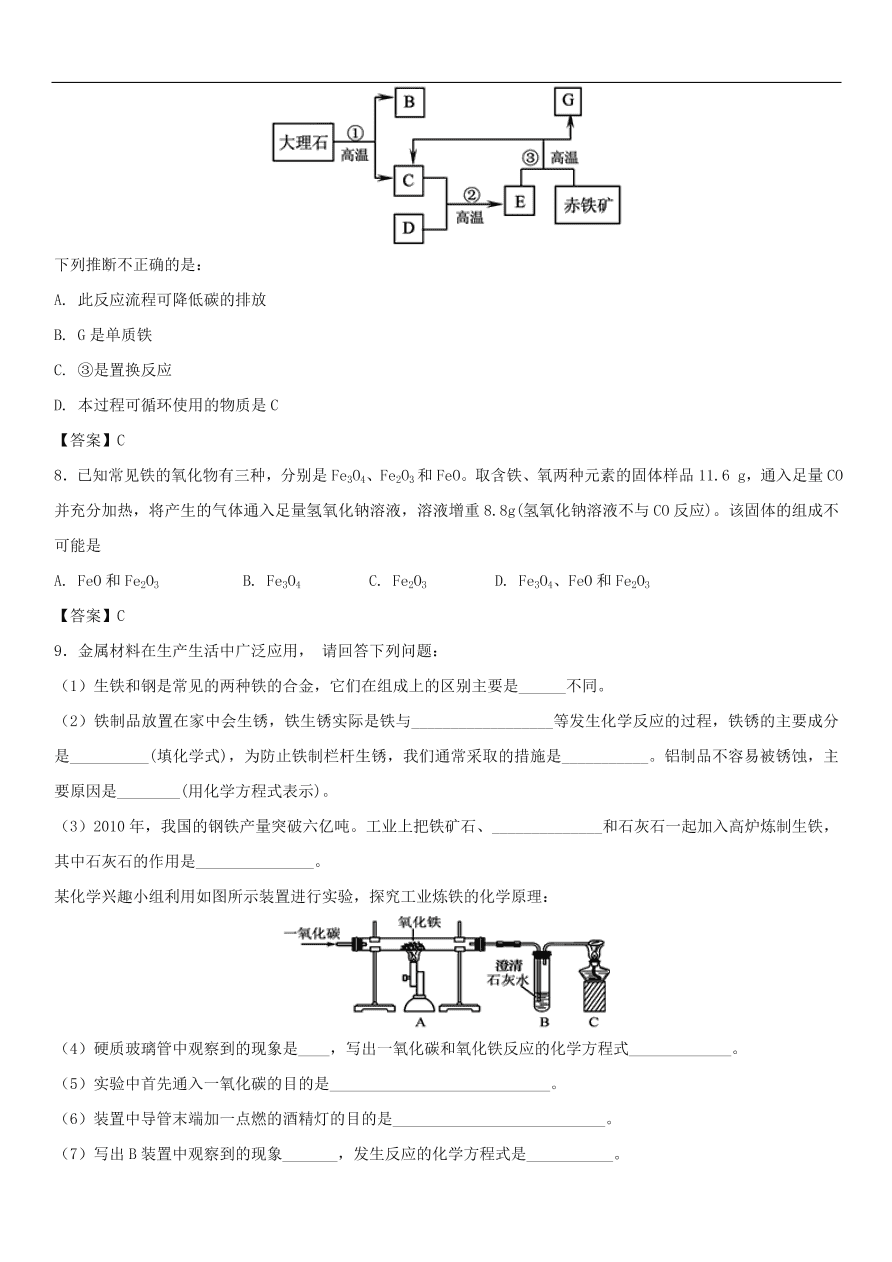 中考化学重要考点复习 铁的冶炼练习卷