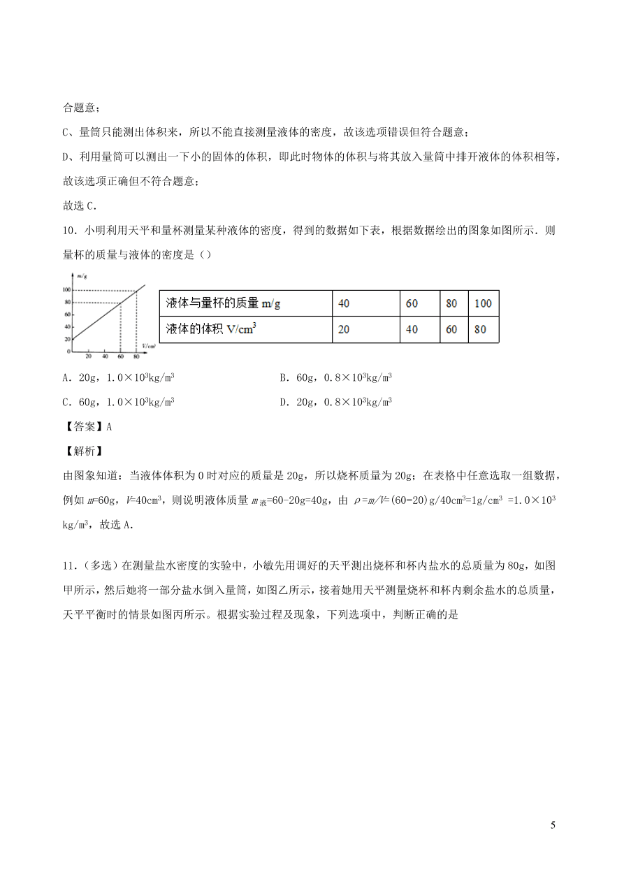 2020秋八年级物理上册6.3测量密度课时同步练习（附解析教科版）