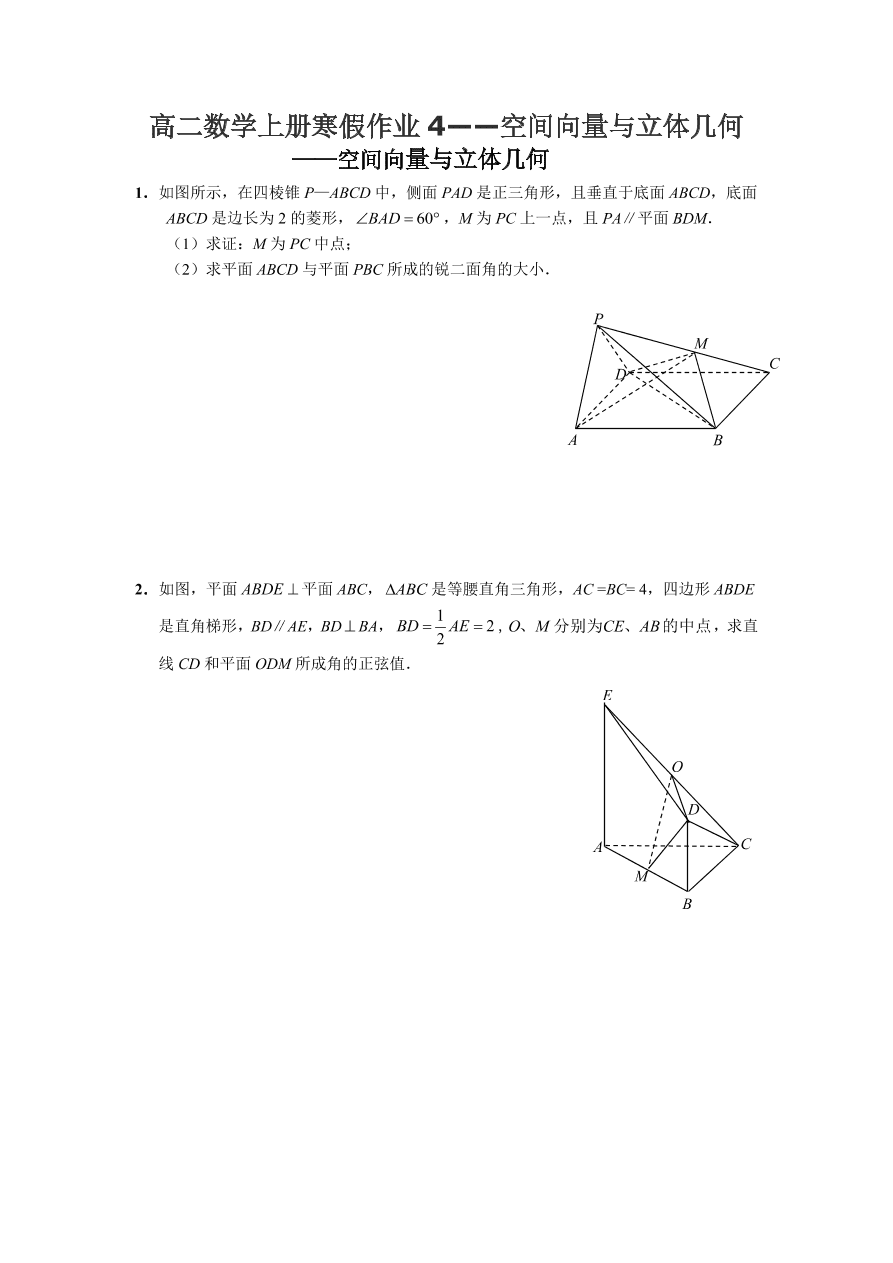 高二数学上册寒假作业4——空间向量与立体几何