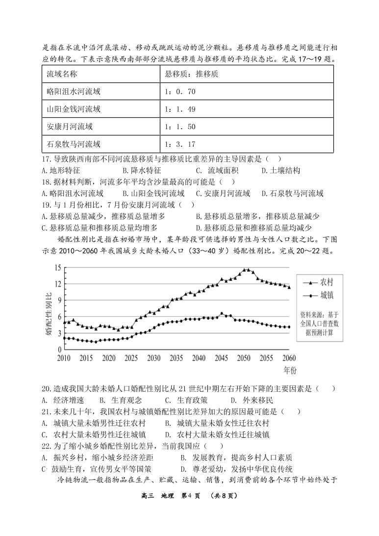 河南省实验中学2021届高三地理上学期期中试卷（附答案Word版）