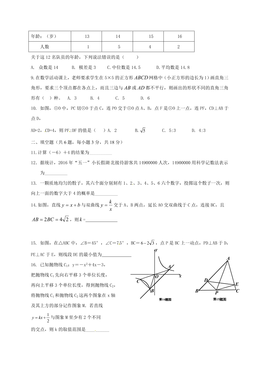 武汉市黄陂区九年级数学下册3月试卷及答案