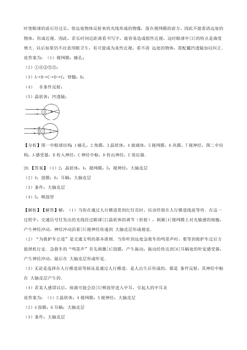 新人教版七年级生物下册第四单元第六章第一节人体对外界环境的感知  同步练习 （答案）