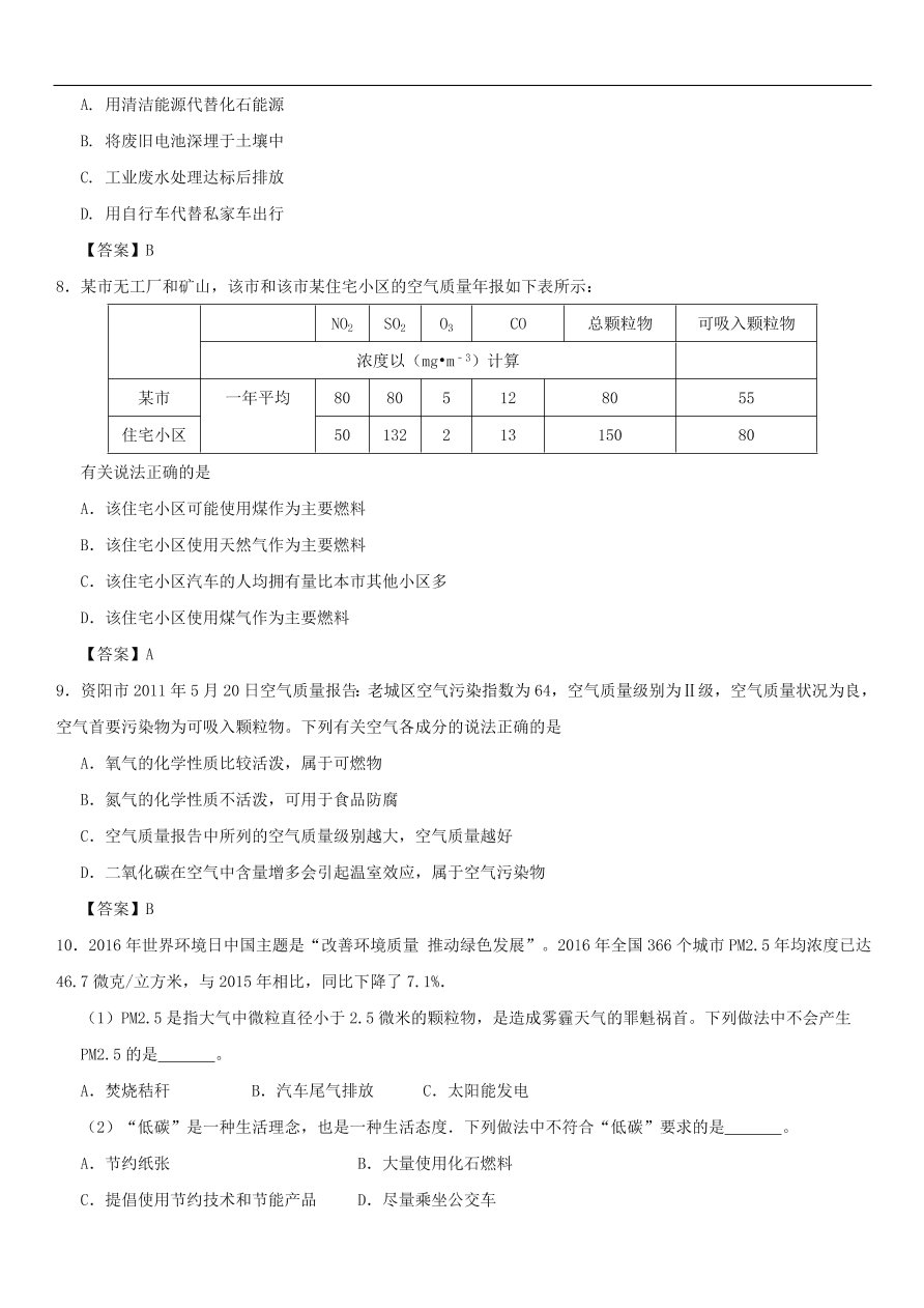 中考化学重要考点复习  空气的污染与防治练习卷