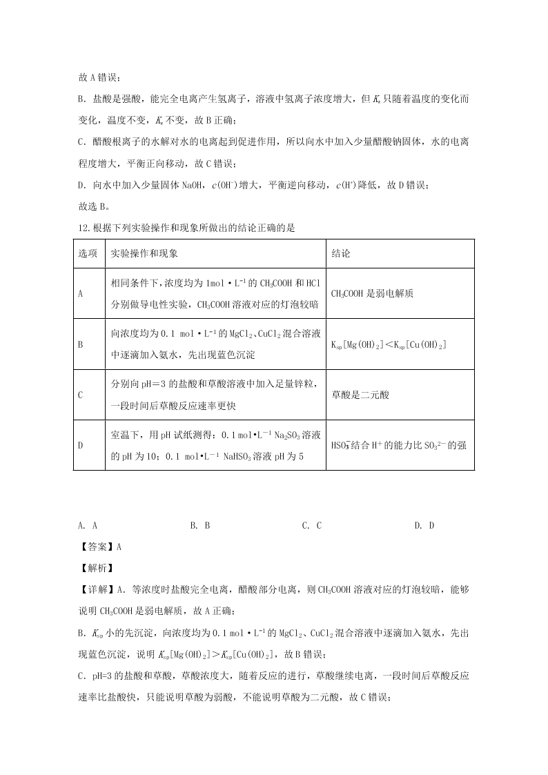 湖南省永州市2019-2020高二化学上学期期末试题（Word版附解析）