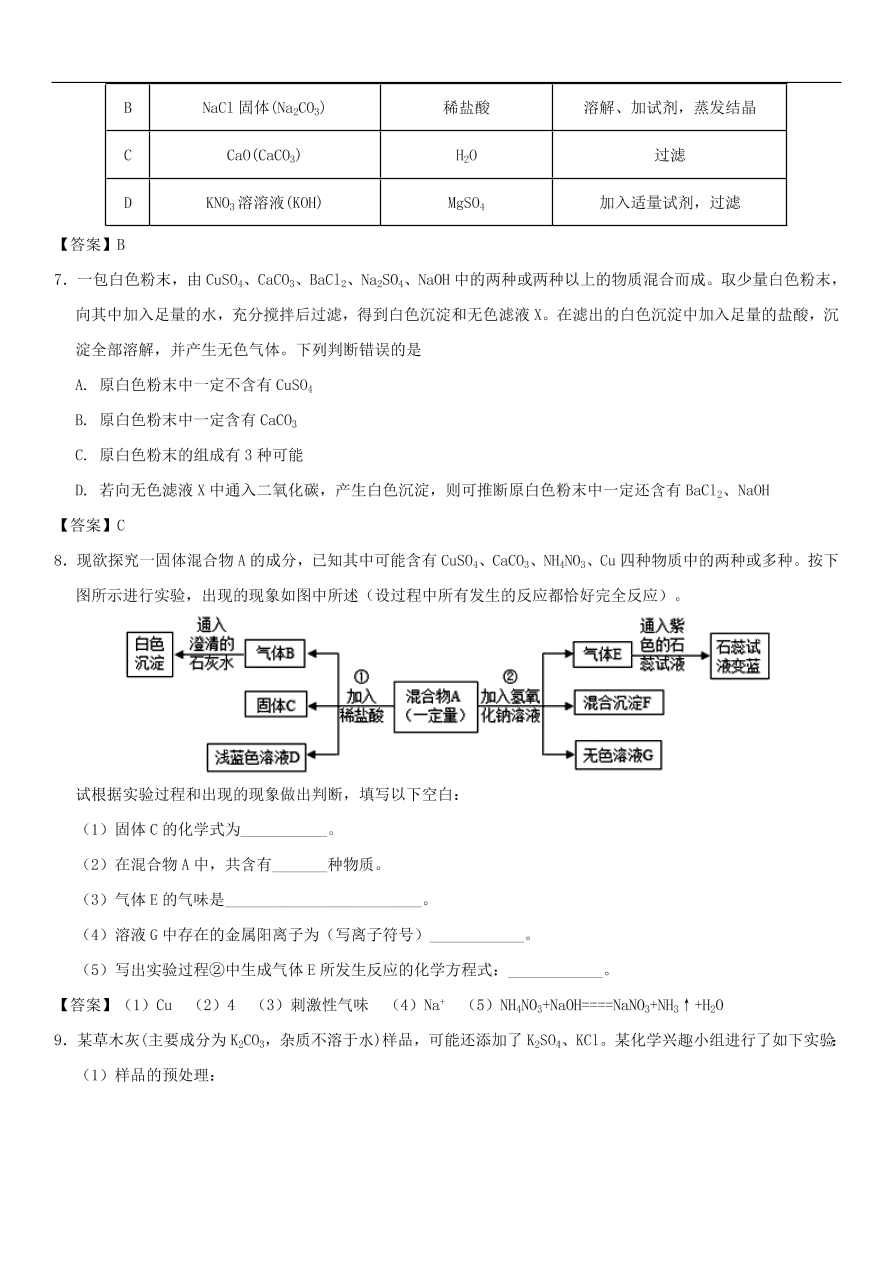 中考化学重要考点复习 盐的溶解性及复分解反应发生的条件练习卷