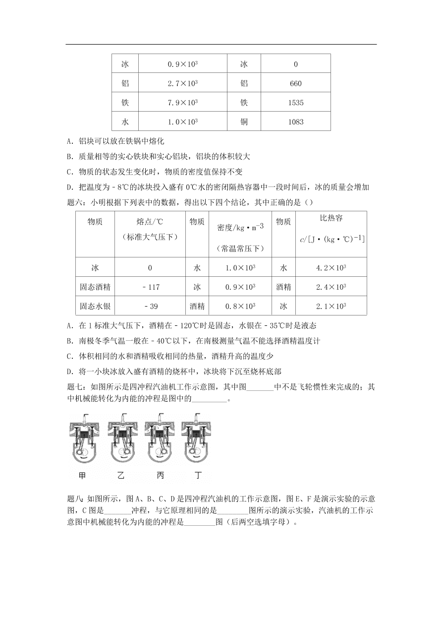 九年级中考物理重点知识点专项练习——热物态变化内能