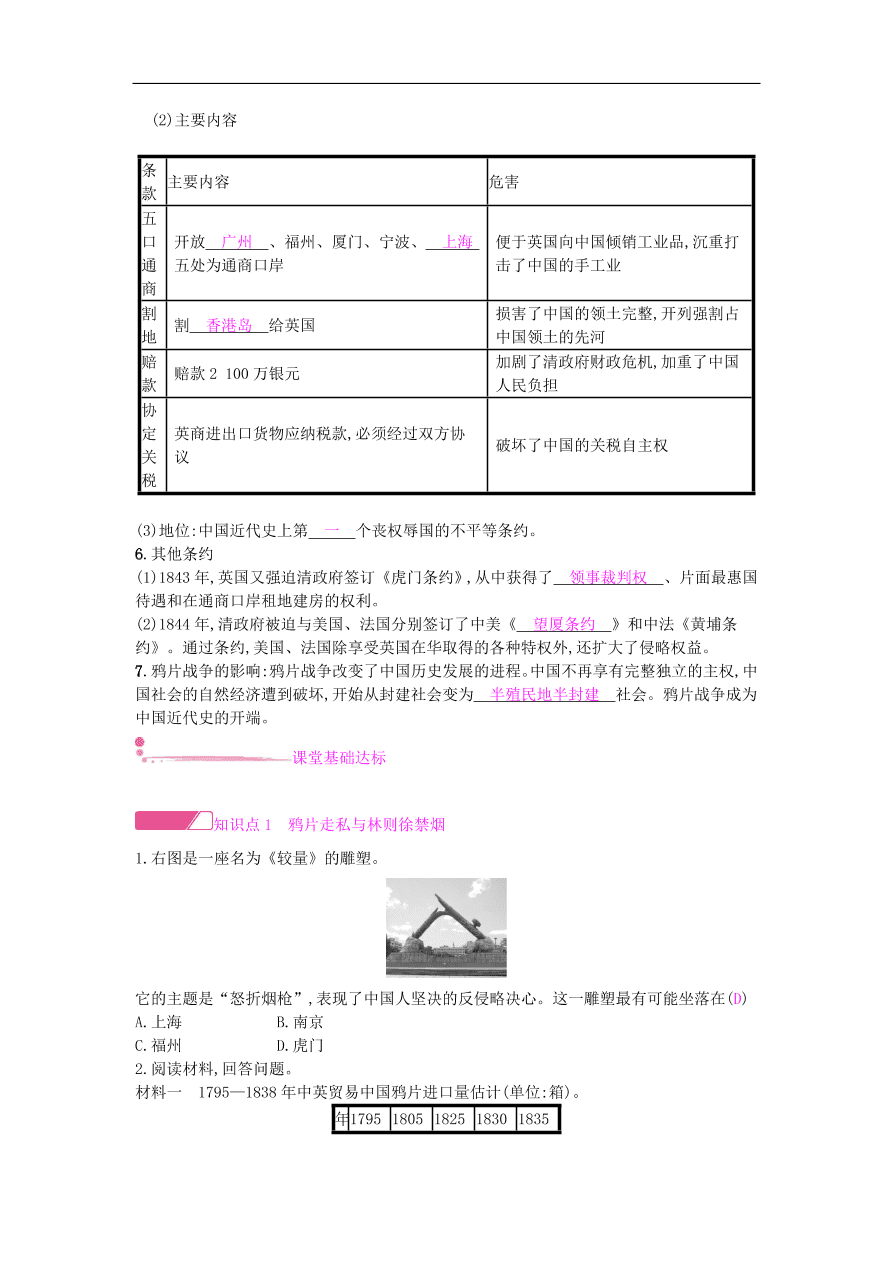 新人教版 八年级历史上册第一单元第1课鸦片战争同步提升试题（含答案）