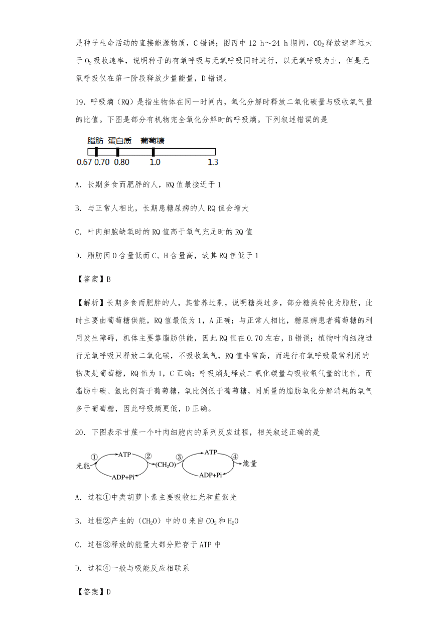 人教版高三生物下册期末考点复习题及解析：呼吸作用与光合作用