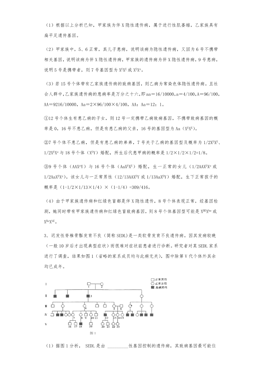 人教版高三生物下册期末考点复习题及解析：基因在染色体上和伴性遗传、人类遗传病