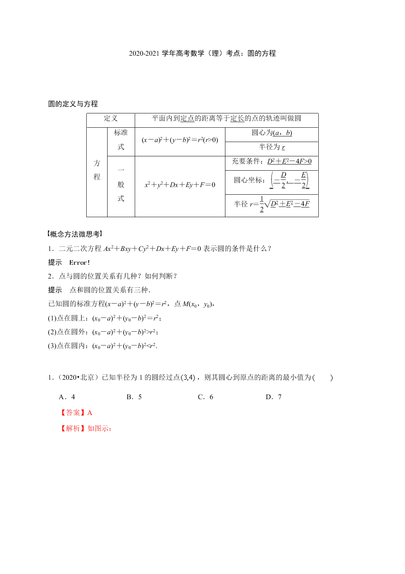 2020-2021学年高考数学（理）考点：圆的方程