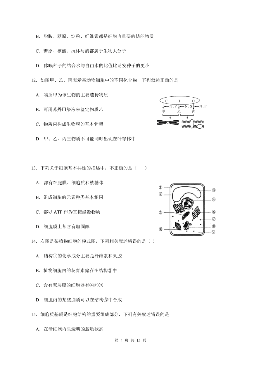 吉林省长春市第五中学2021届高三生物上学期期中试题（Word版含答案）