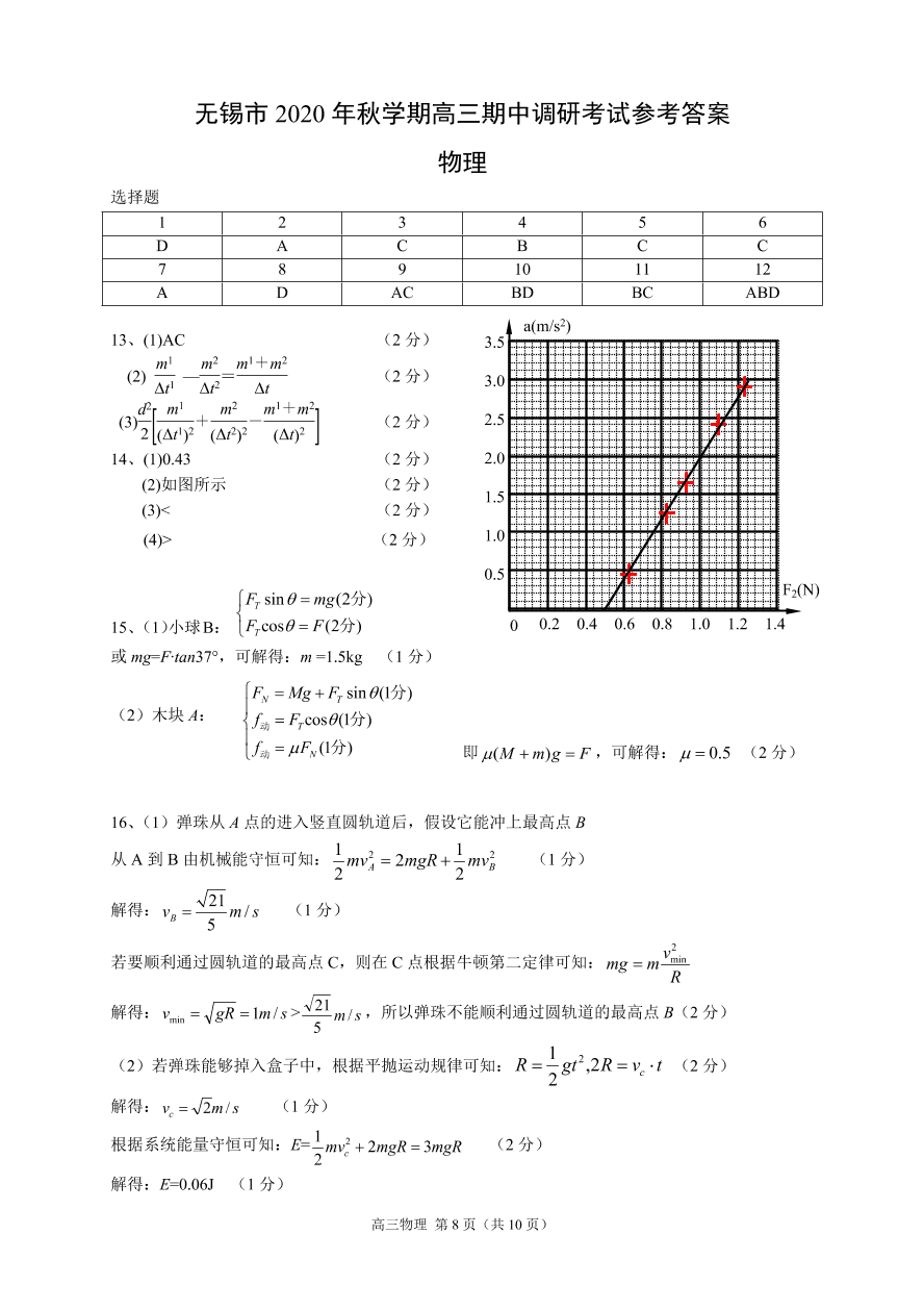 江苏省无锡市2021届高三物理上学期期中调研试题（Word版附答案）