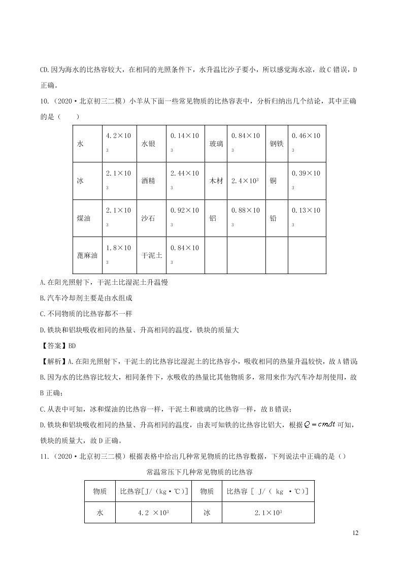 2020_2021学年九年级物理02对比热容的理解及应用同步专题训练（含解析）