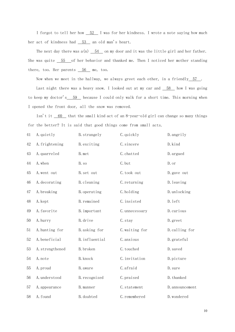 江苏省淮安市涟水县第一中学2020-2021学年高二英语10月阶段性测试试题