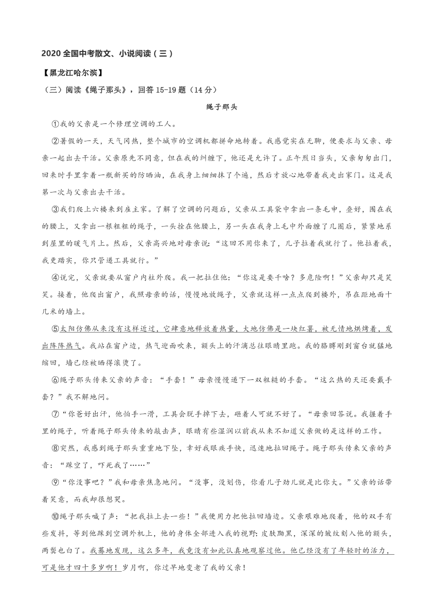 2020全国中考散文小说阅读3（含答案解析）