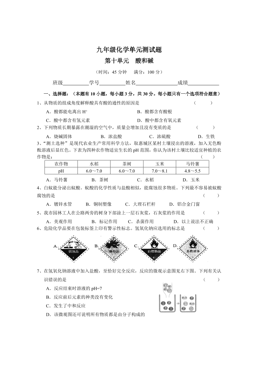 九年级化学下册 第10单元测试