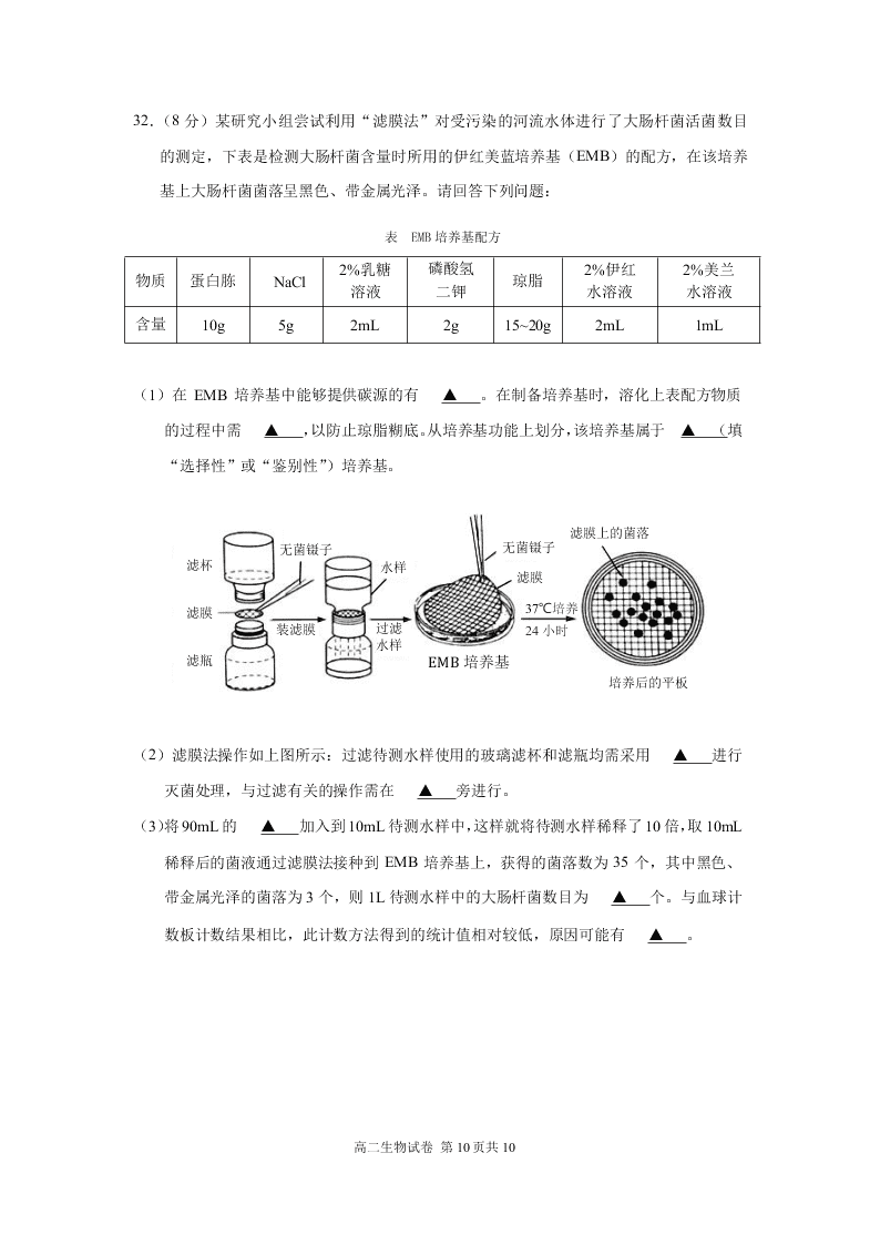 2020年第二学期南京市第二十九中学高二生物试卷（word版无答案）   