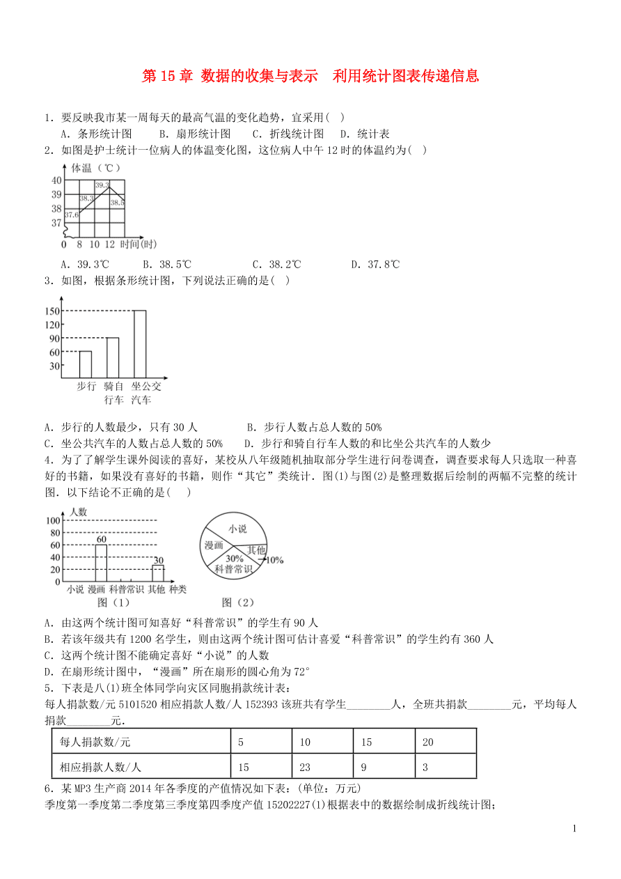 八年级数学上册第15章数据的收集与表示15.2数据的表示2利用统计图表传递信息练习题（华东师大版）