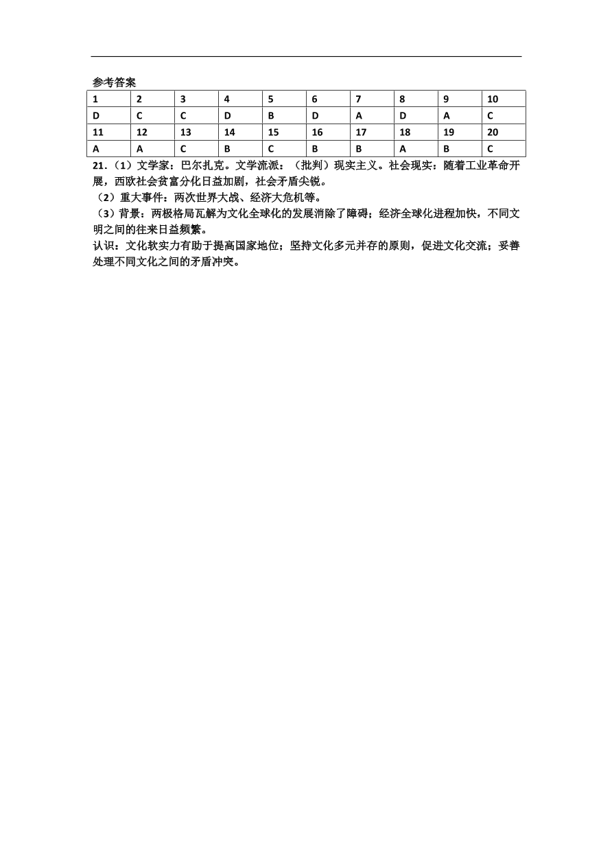 人教版 高二历史必修三同步练习 第22课 文学的繁荣（含答案）