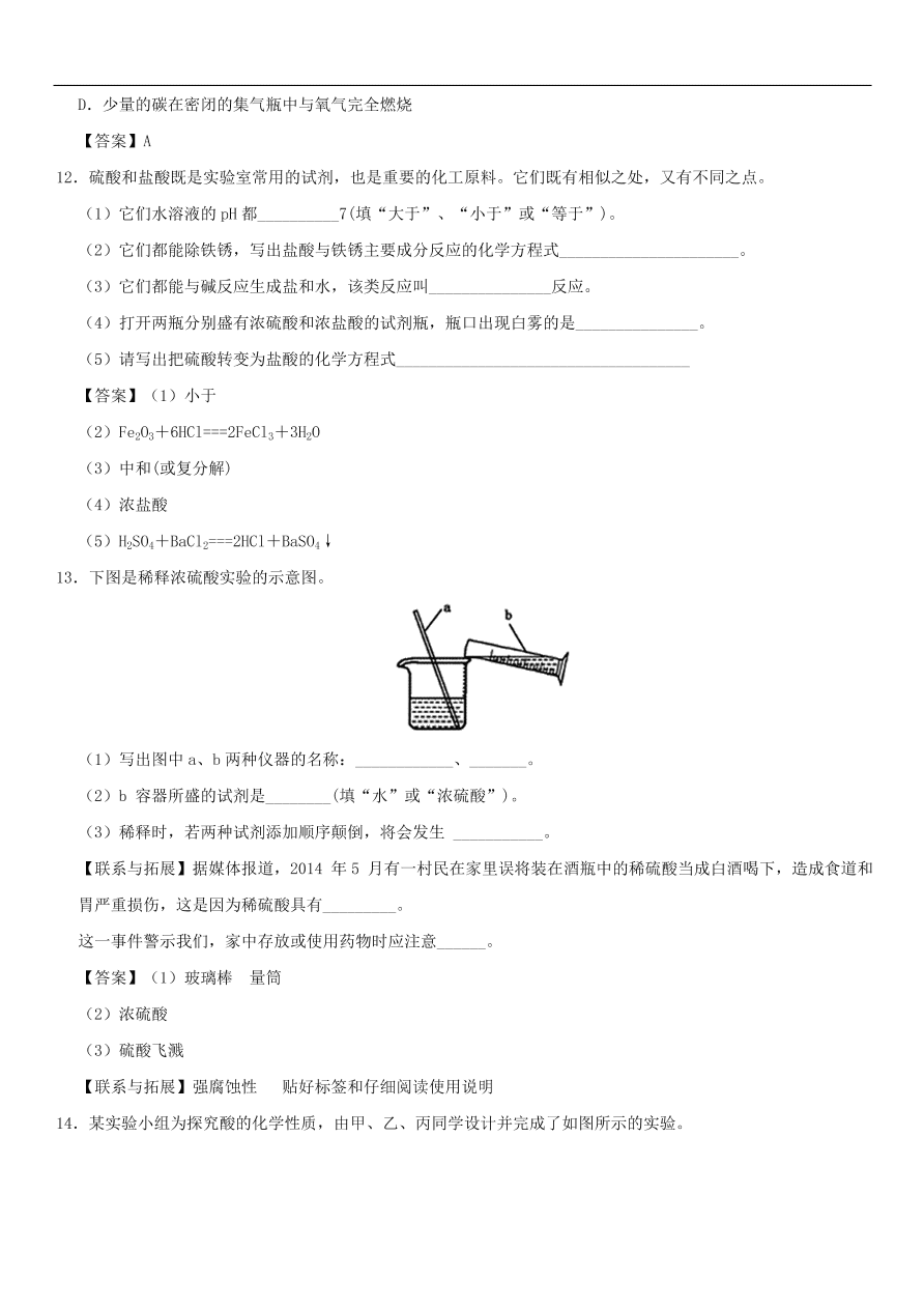 中考化学重要考点复习  常见的酸 酸的化学性质练习卷