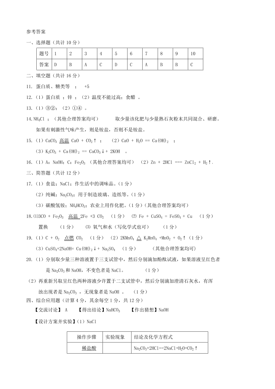 新人教版 九年级化学下册 第11单元综合技能过关训练 