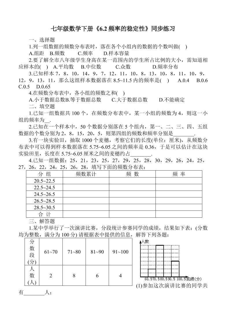 七年级数学下册《6.2频率的稳定性》同步练习