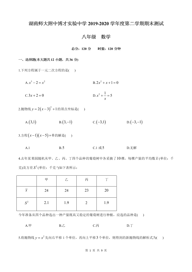 湖南省长沙市师大附中博才实验中学2019-2020学年度第二学期八年级期末考试数学试卷（ 无答案）   