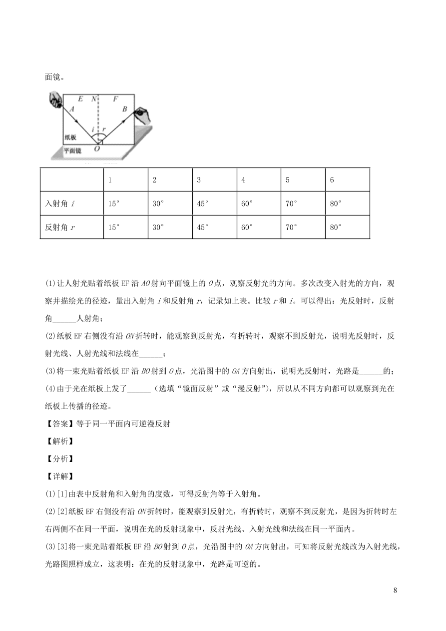 2020秋八年级物理上册4.2光的反射定律课时同步检测题（含答案）