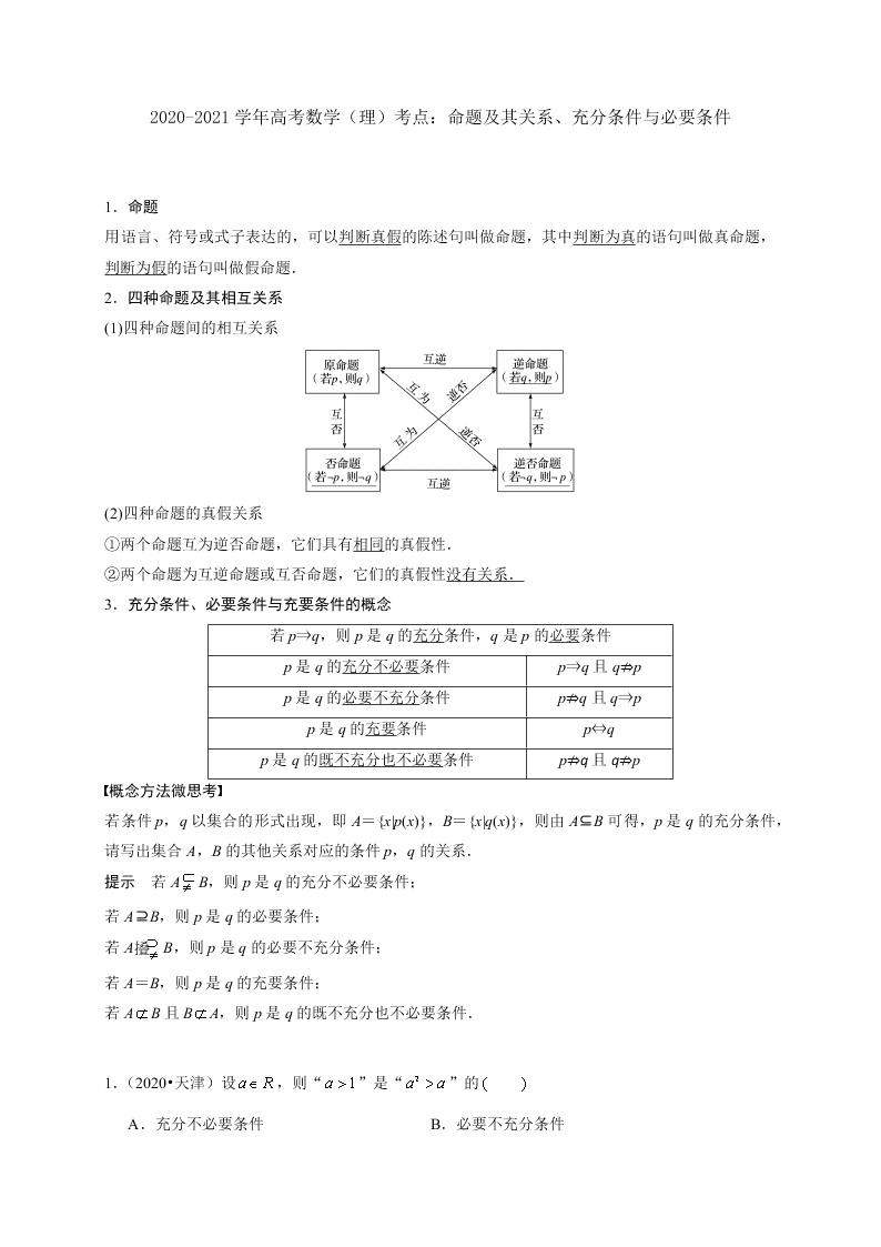 2020-2021学年高考数学（理）考点：命题及其关系、充分条件与必要条件