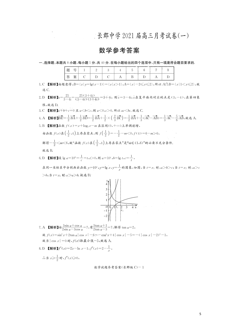 湖南省长沙市长郡中学2021届高三数学上学期月考试题（含答案）