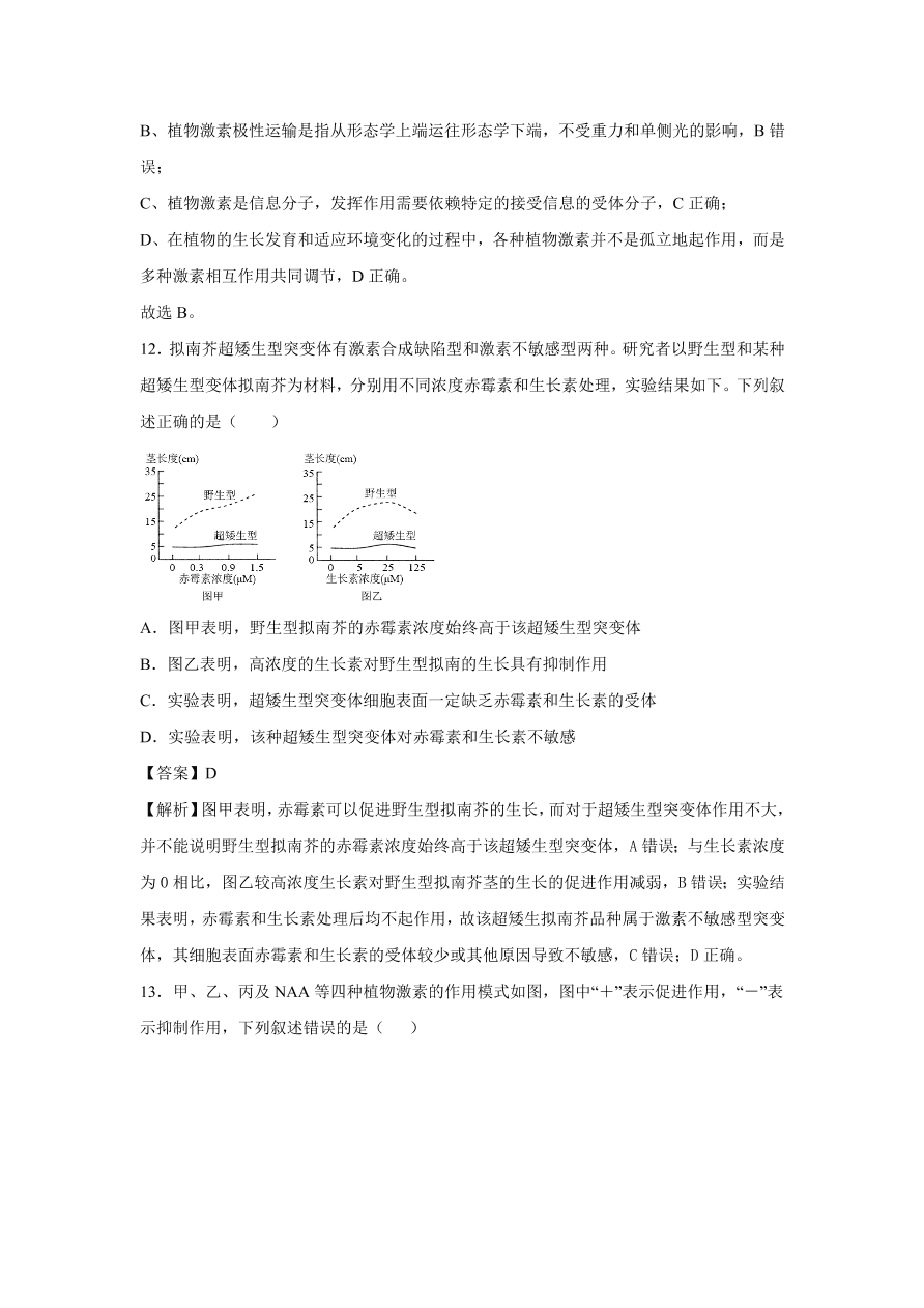 2020-2021学年高考生物精选考点突破专题13 植物的激素调节