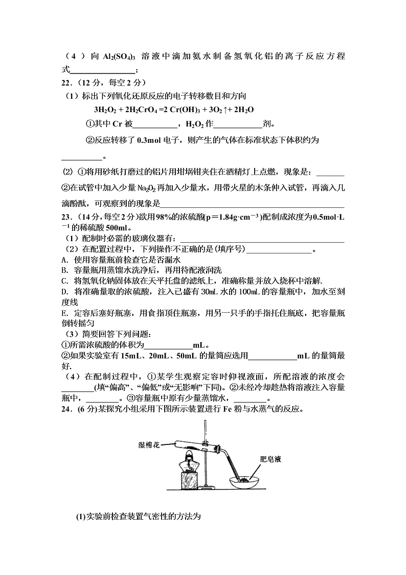 四川省攀枝花市第十五中学2019-2020学年高一上学期第二次月考化学试题   