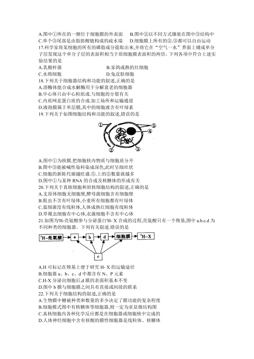 安徽省名校2020-2021高一生物上学期期中联考试题（Word版附答案）