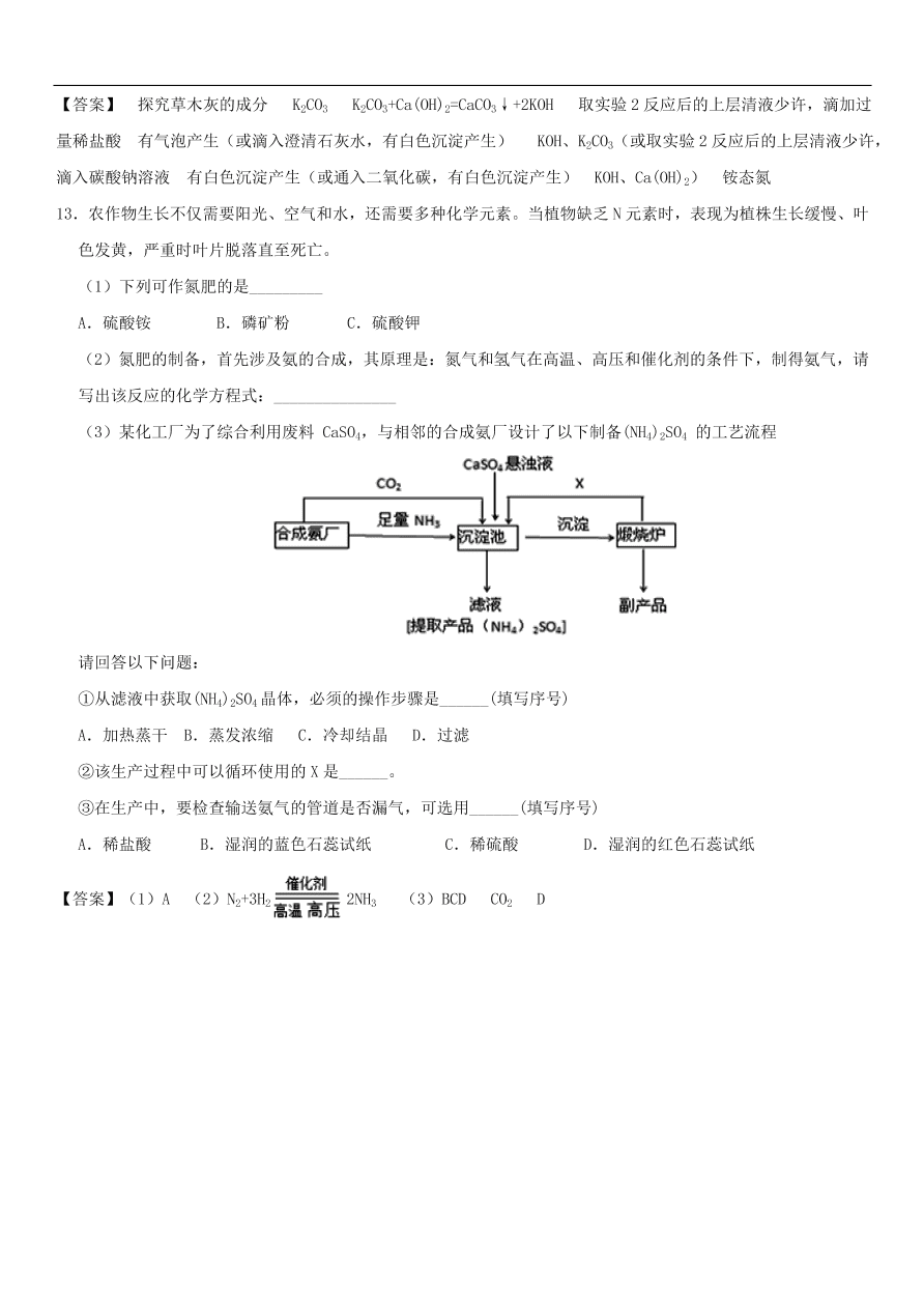 中考化学重要考点复习  化肥练习卷