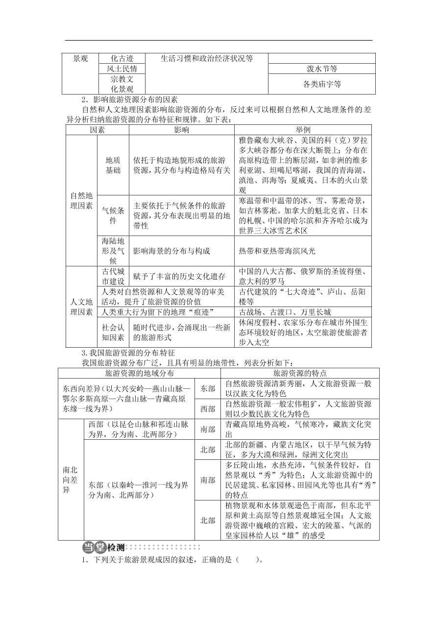 湘教版高中地理选修三《1.3旅游资源的形成和分布》课时同步练习及答案