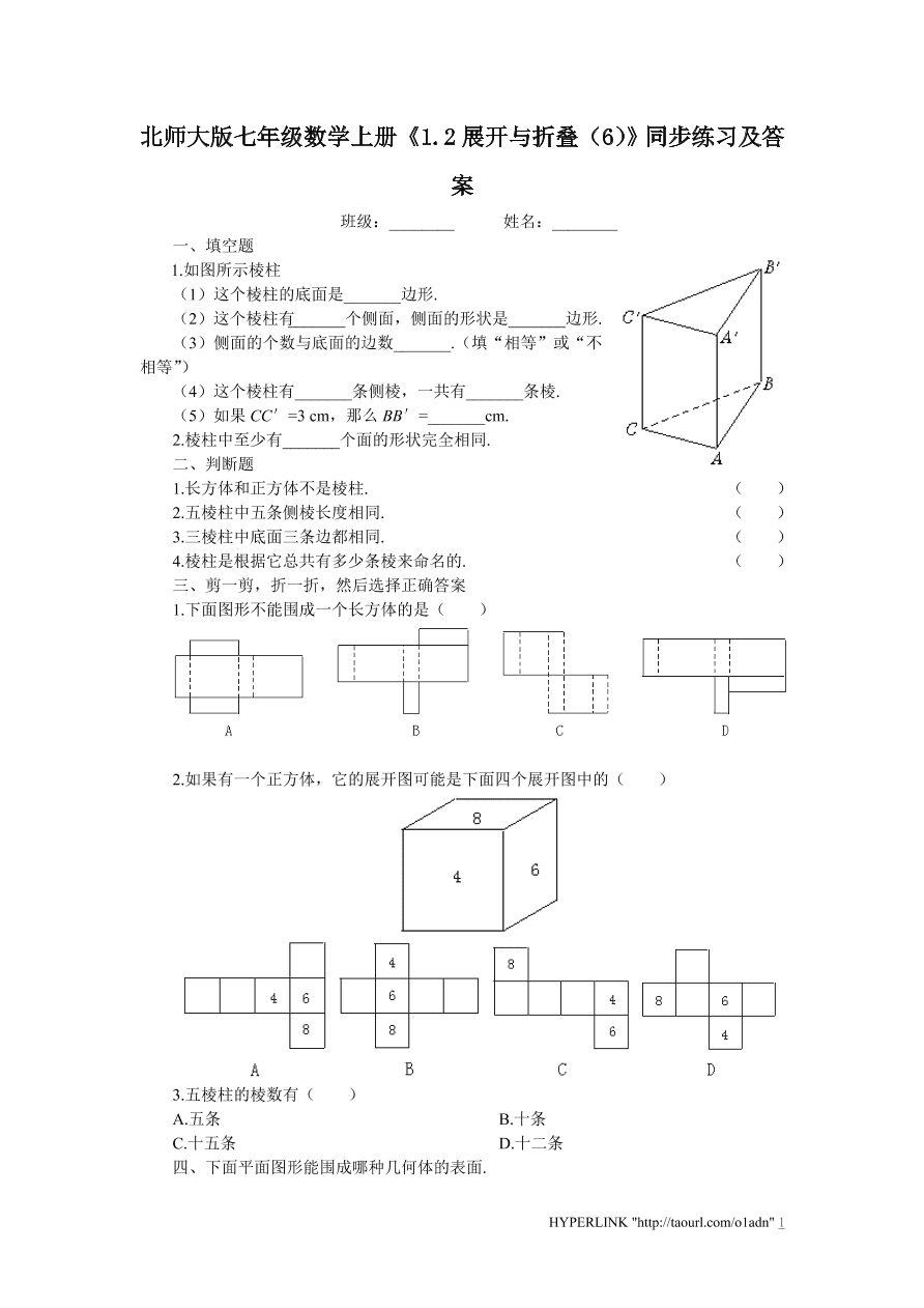 北师大版七年级数学上册《1.2展开与折叠（6）》同步练习及答案