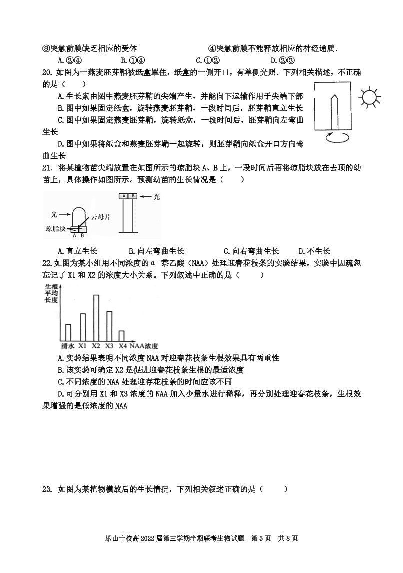 四川省乐山十校2020-2021高二生物上学期期中联考试题（Word版附答案）